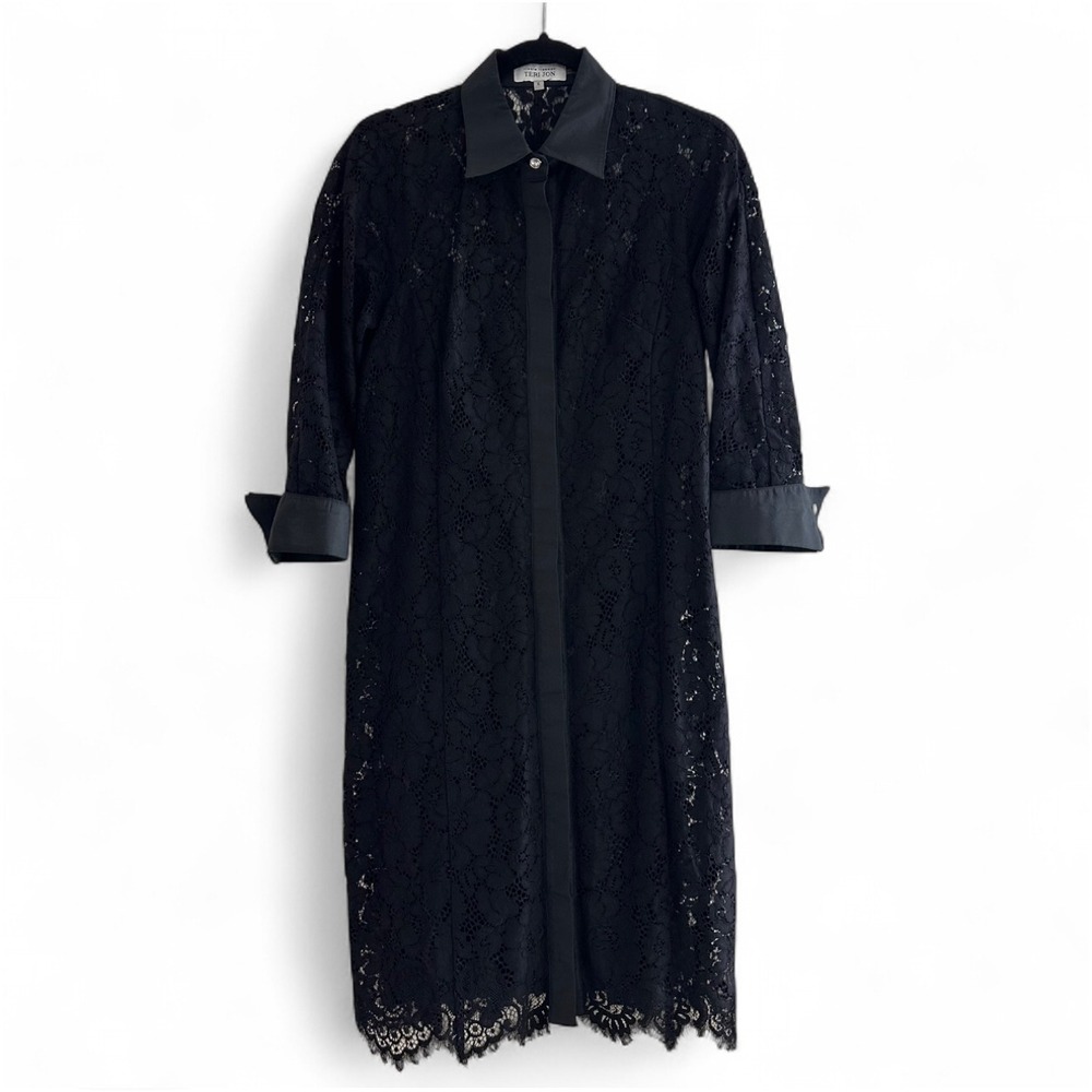 Rickie Freeman‎ Teri Jon Black Lace Shirt Dress Rhinestone Elegant Cocktails 6 S